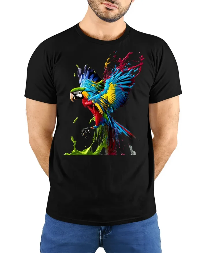Color Splash Parrot T-Shirt Artistic Tropical Bird Tee - model wearing black shirt, hands behind back