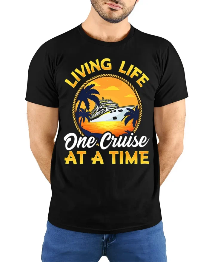 Cruise Life T-Shirt Living Life One Cruise at a Time Tee - model wearing black shirt, hands behind back