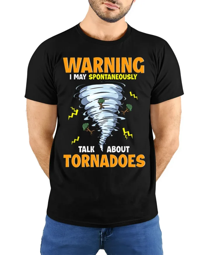 Storm Chaser Humor T-Shirt Tornado Enthusiast Graphic Tee - model wearing black shirt, hands behind back