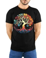 Colorful Tree of Life T-Shirt Vibrant Nature Graphic Tee - model wearing black shirt, hands behind back