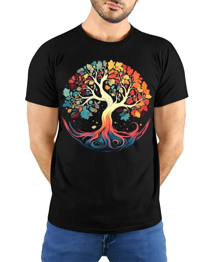Colorful Tree of Life T-Shirt Vibrant Nature Graphic Tee - model wearing black shirt, hands behind back