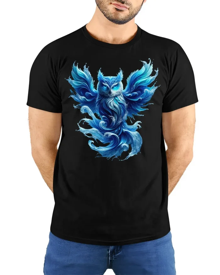 Mystical Blue Owl T-Shirt Fantasy Animal Graphic Tee - model wearing black shirt, hands behind back