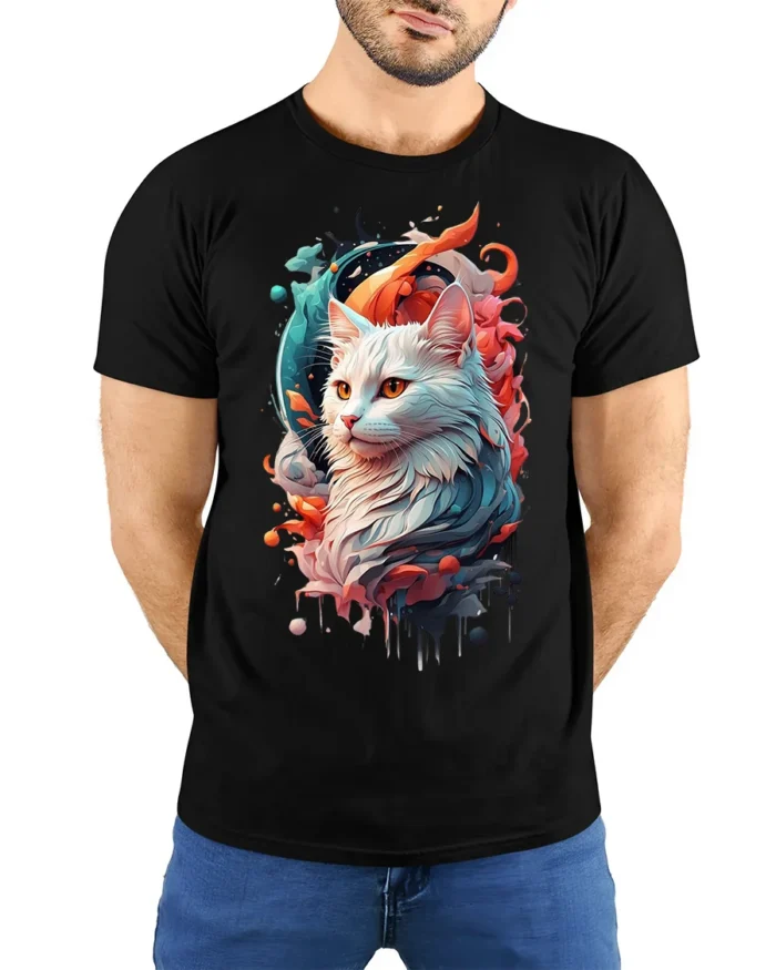 Majestic Cat T-Shirt Vibrant Artistic Pet Lover Tee - model wearing black shirt, hands behind back