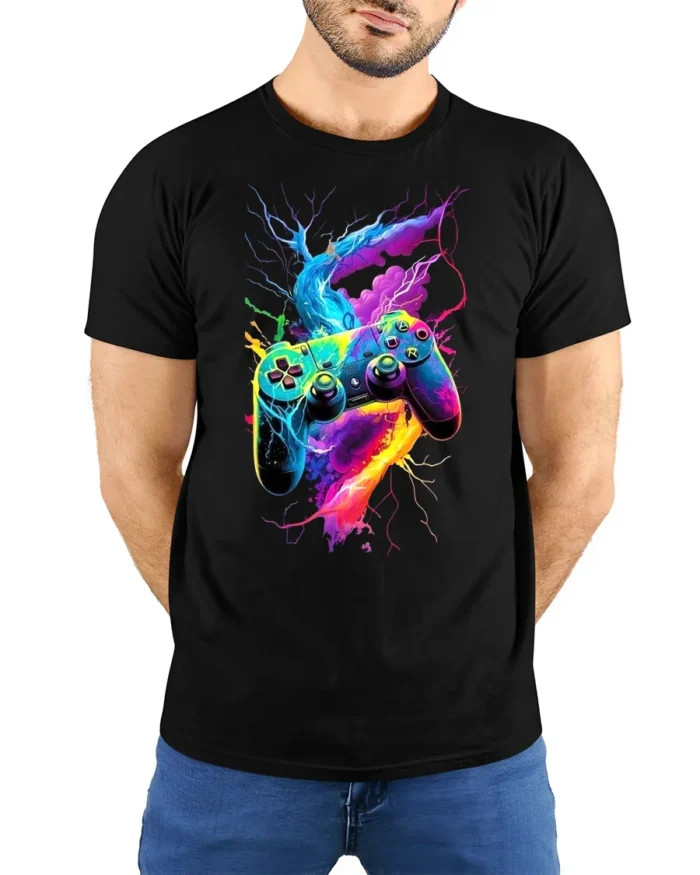 Electric Gamer T-Shirt Neon Controller Power Tee - model wearing black shirt, hands behind back