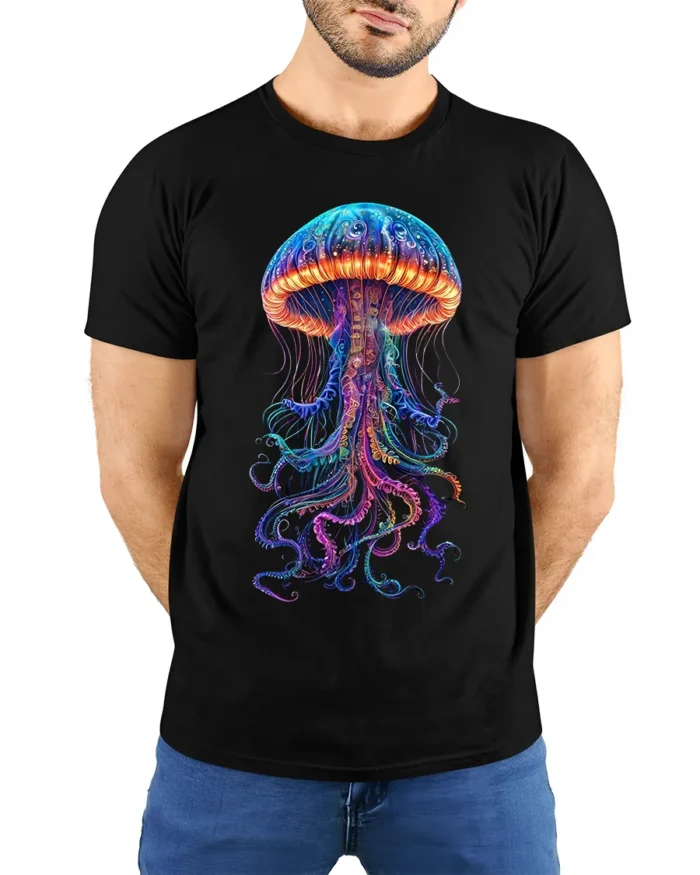 Neon Jellyfish T-Shirt Deep Sea Glow Graphic Tee - model wearing black shirt, hands behind back