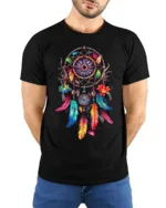 Boho Dreamcatcher T-Shirt Vibrant Native-Inspired Tee - model wearing black shirt, hands behind back