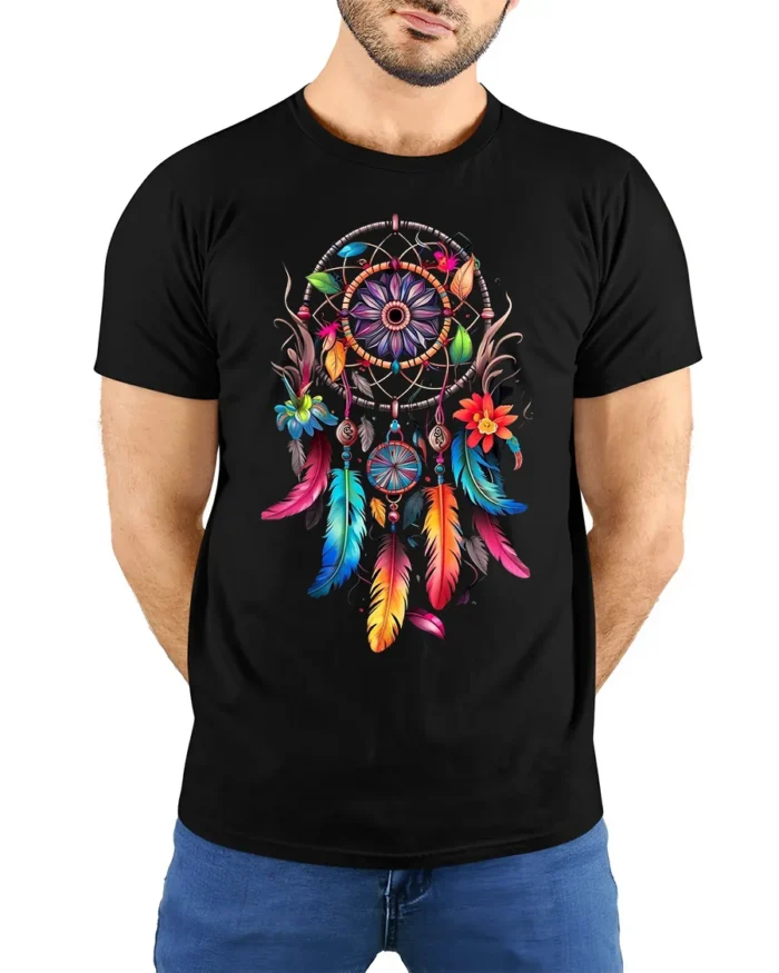 Boho Dreamcatcher T-Shirt Vibrant Native-Inspired Tee - model wearing black shirt, hands behind back