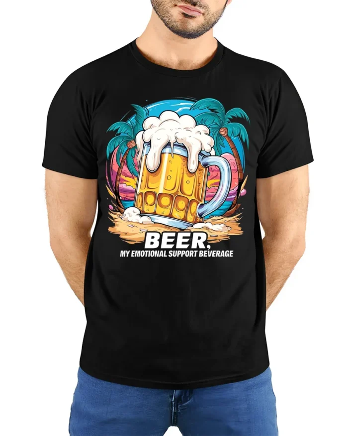 Beer Support T-Shirt Funny Beach Booze Graphic Tee - model wearing black shirt, hands behind back