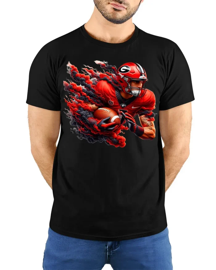 Georgia Football T-Shirt Fiery Red Game Day Graphic Tee - model wearing black shirt, hands behind back