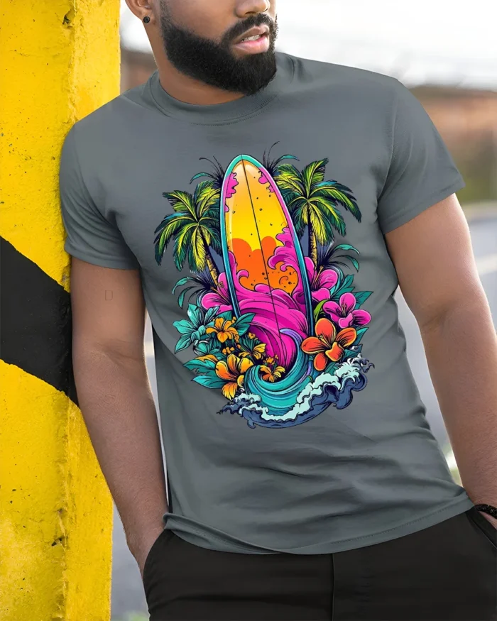 Tropical Surfboard T-Shirt Vibrant Beach Vibes Tee - model in grey shirt leaning against column