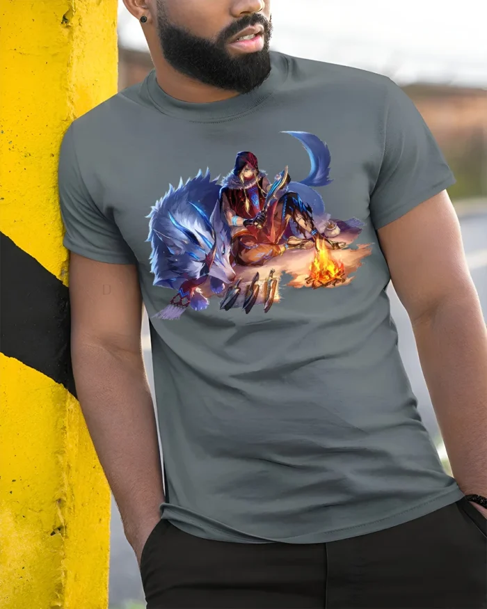 Fantasy Wolf Warrior T-Shirt Tribal Campfire Graphic Tee - model in grey shirt leaning against column