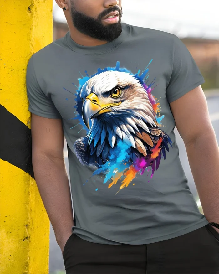 Patriotic Eagle T-Shirt USA Pride Tee in Vibrant Colors - model in grey shirt leaning against column