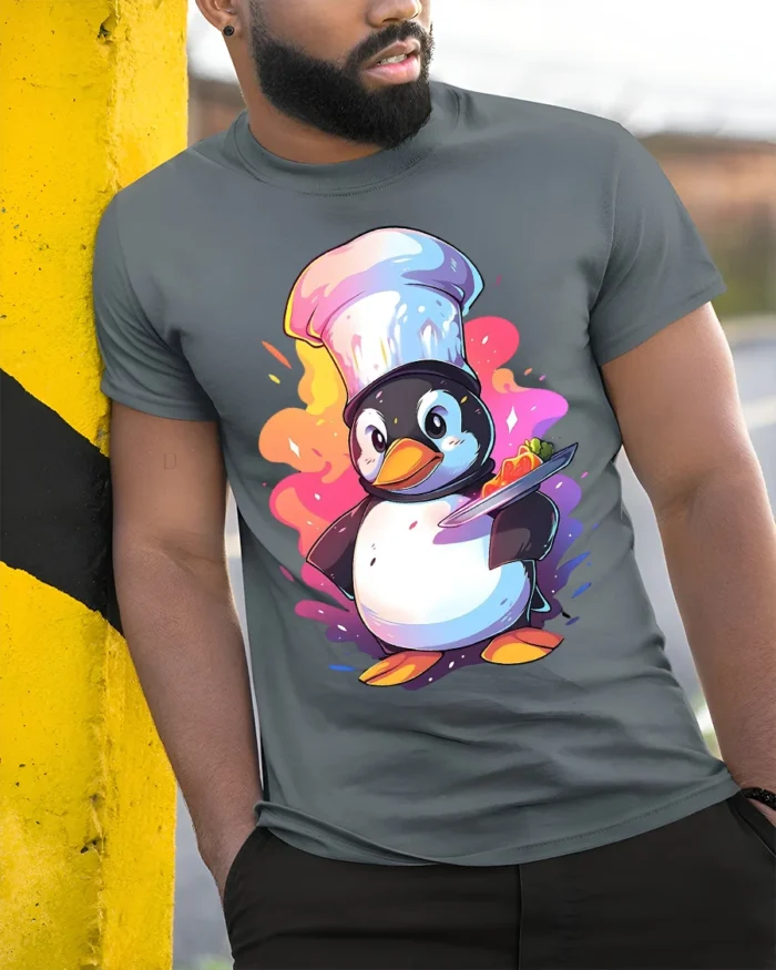 Cute Chef Penguin T-Shirt Funny Cooking Graphic Tee - model in grey shirt leaning against column