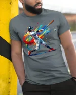 Colorful Baseball Swing T-Shirt Athletic Sports Tee - model in grey shirt leaning against column