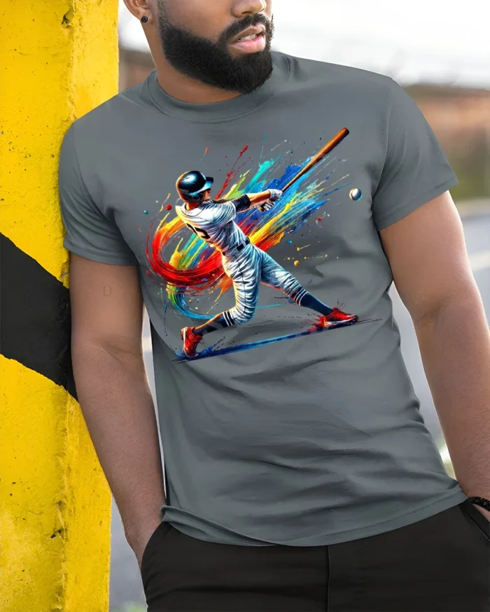 Colorful Baseball Swing T-Shirt Athletic Sports Tee - model in grey shirt leaning against column