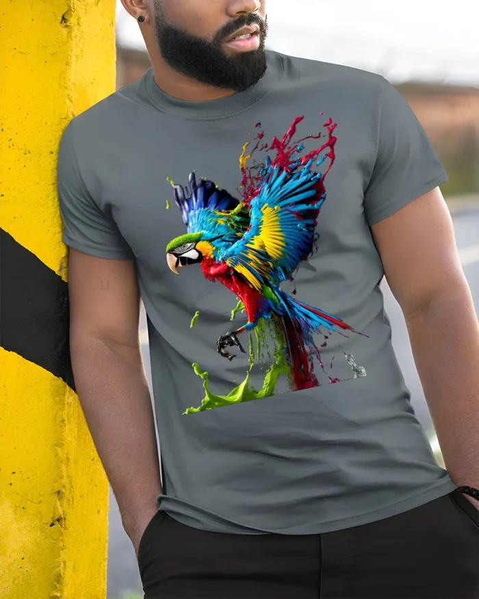 Color Splash Parrot T-Shirt Artistic Tropical Bird Tee - model in grey shirt leaning against column