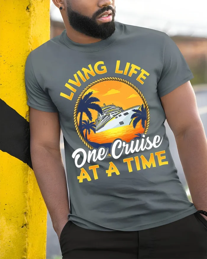Cruise Life T-Shirt Living Life One Cruise at a Time Tee - model in grey shirt leaning against column