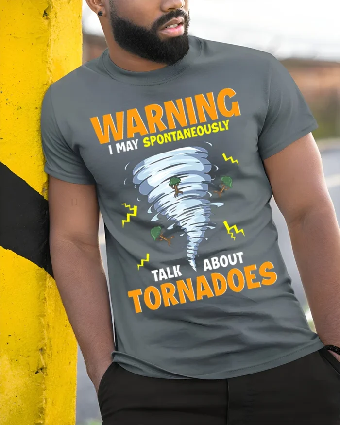Storm Chaser Humor T-Shirt Tornado Enthusiast Graphic Tee - model in grey shirt leaning against column
