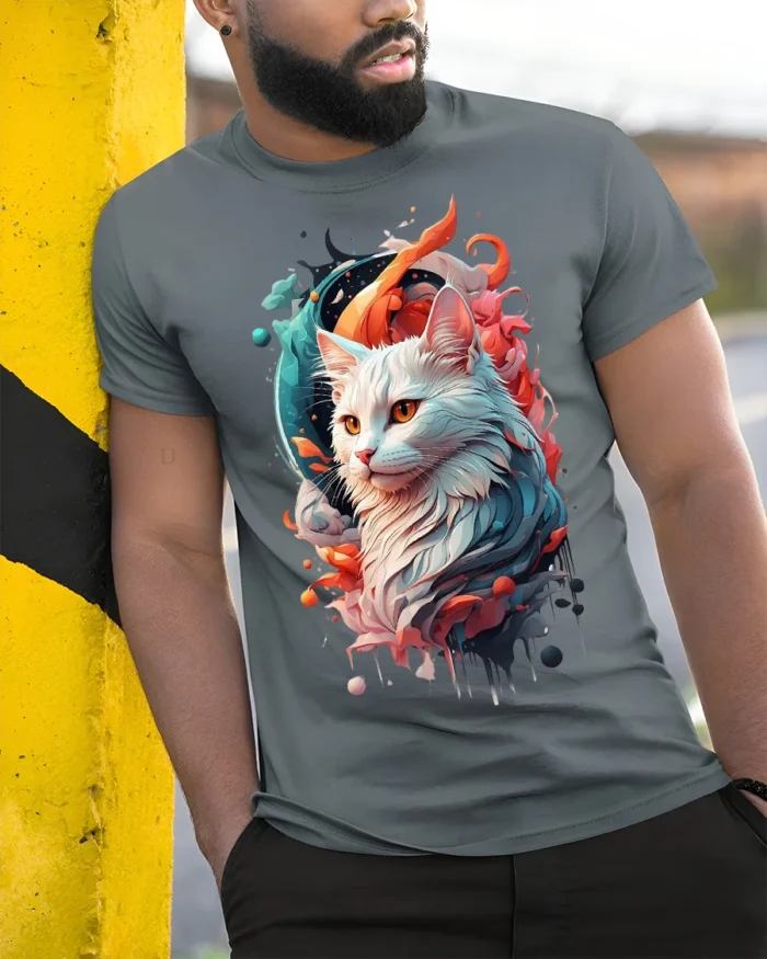 Majestic Cat T-Shirt Vibrant Artistic Pet Lover Tee - model in grey shirt leaning against column
