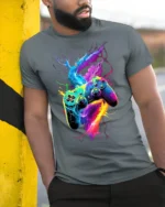 Electric Gamer T-Shirt Neon Controller Power Tee - model in grey shirt leaning against column