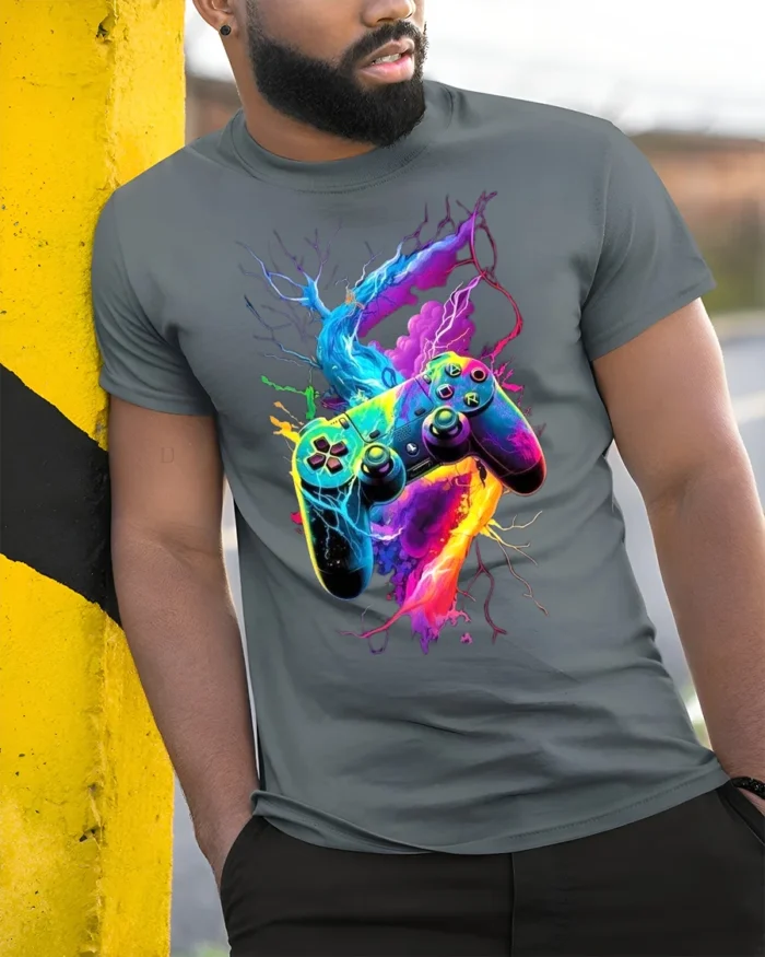 Electric Gamer T-Shirt Neon Controller Power Tee - model in grey shirt leaning against column