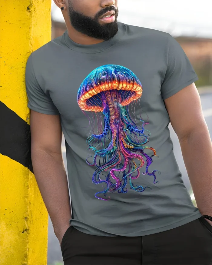 Neon Jellyfish T-Shirt Deep Sea Glow Graphic Tee - model in grey shirt leaning against column