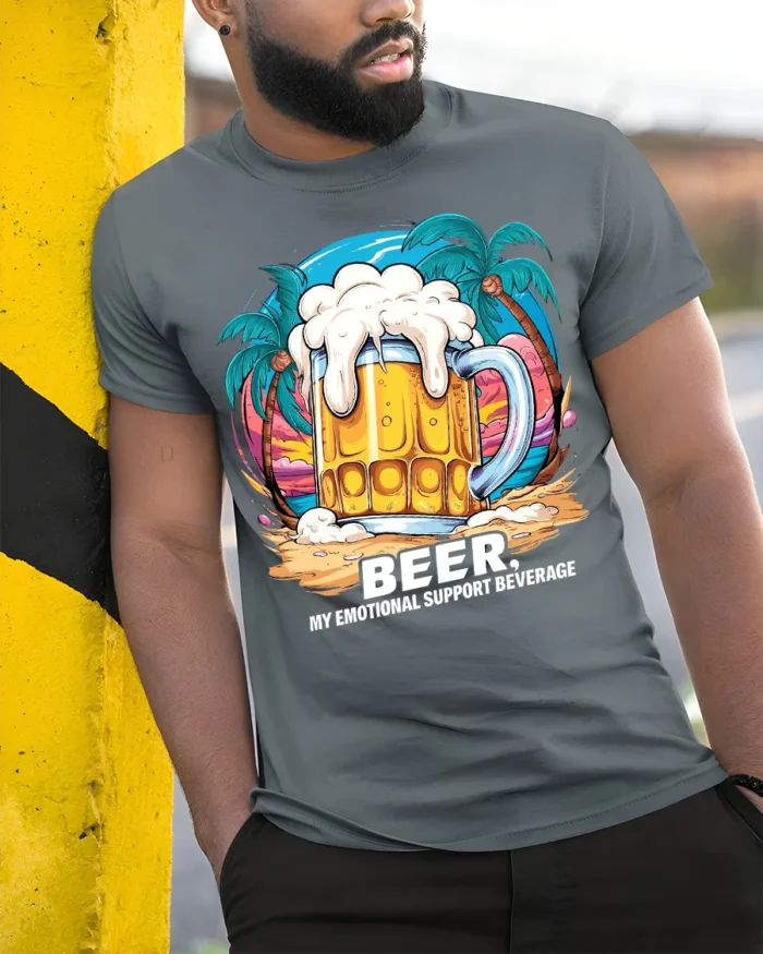 Beer Support T-Shirt Funny Beach Booze Graphic Tee - model in grey shirt leaning against column