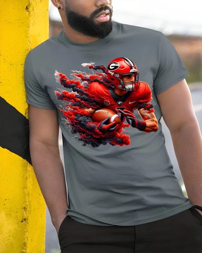 Georgia Football T-Shirt Fiery Red Game Day Graphic Tee - model in grey shirt leaning against column