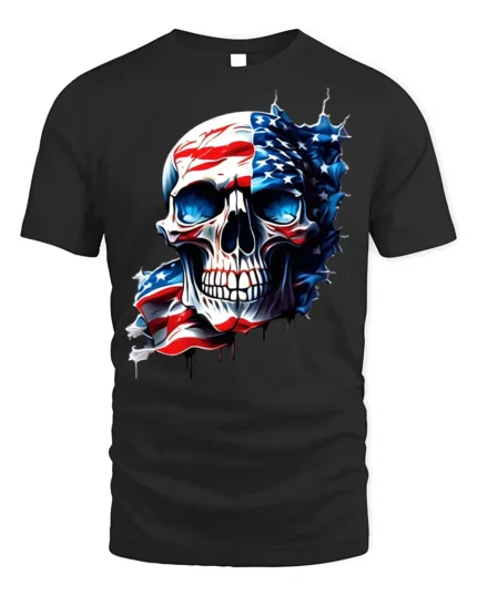 American Flag Skull T-Shirt for Men 4th of July Tee - black t-shirt on white background