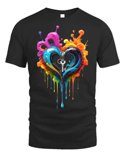 Colorful Heart Key T-Shirt Artistic Love Graphic - black t-shirt on white background