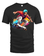 Skater Action T-Shirt Color Splash Skateboarding Graphic - black t-shirt on white background