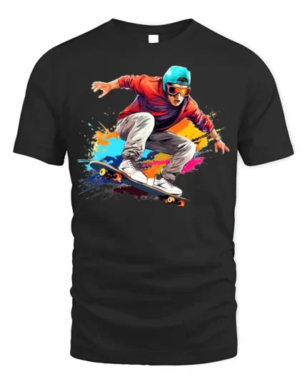 Skater Action T-Shirt Color Splash Skateboarding Graphic - black t-shirt on white background