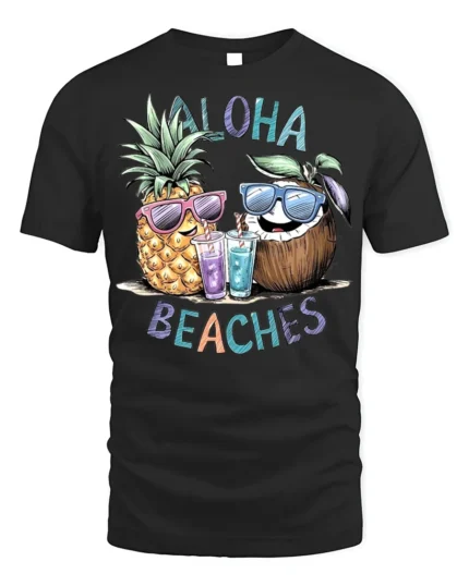 Aloha Beaches T-Shirt Funny Pineapple Coconut Beach - black t-shirt on white background
