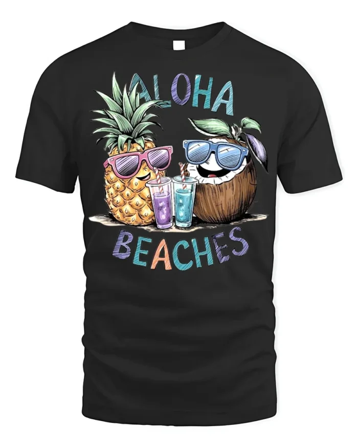 Aloha Beaches T-Shirt Funny Pineapple Coconut Beach - black t-shirt on white background