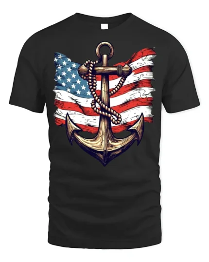 Vintage Anchor USA Flag T-Shirt 4th of July Navy Shirt - black t-shirt on white background