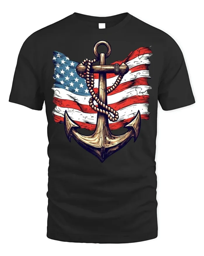Vintage Anchor USA Flag T-Shirt 4th of July Navy Shirt - black t-shirt on white background