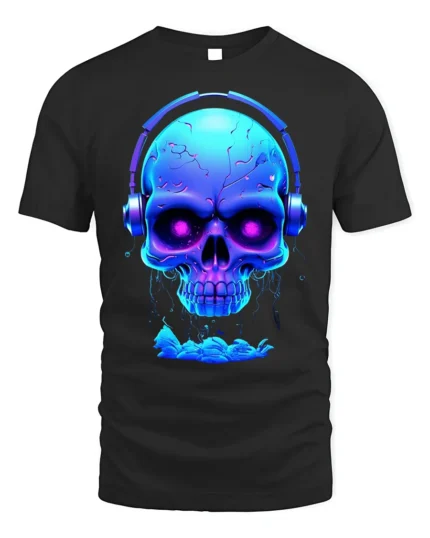 Neon Skull Headphones T-Shirt Cool DJ Glow in Dark - black t-shirt on white background
