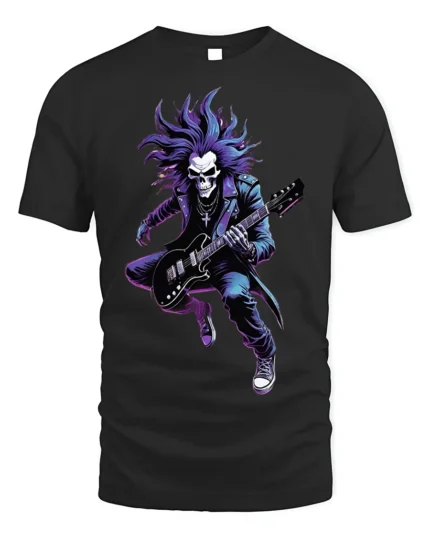 Skull Rock Guitarist T-Shirt for Metal and Rock Fans - black t-shirt on white background