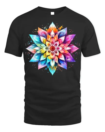 Colorful Mandala Flower T-Shirt for Boho and Yoga Lovers - black t-shirt on white background