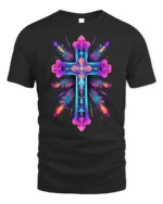 Vibrant Neon Cross Christian Faith T-Shirt for Believers - black t-shirt on white background