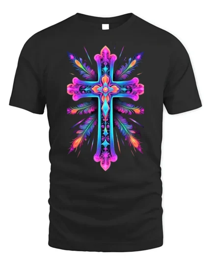 Vibrant Neon Cross Christian Faith T-Shirt for Believers - black t-shirt on white background