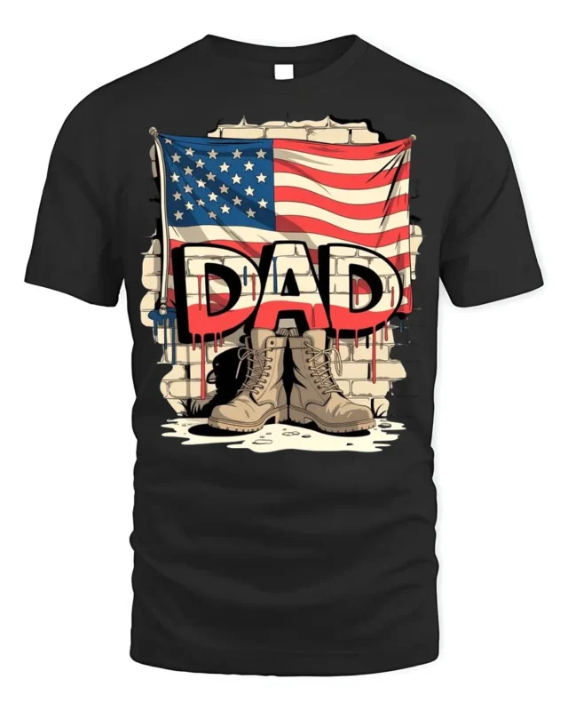 USA Flag Dad T-Shirt with Combat Boots Veteran Tribute - black t-shirt on white background