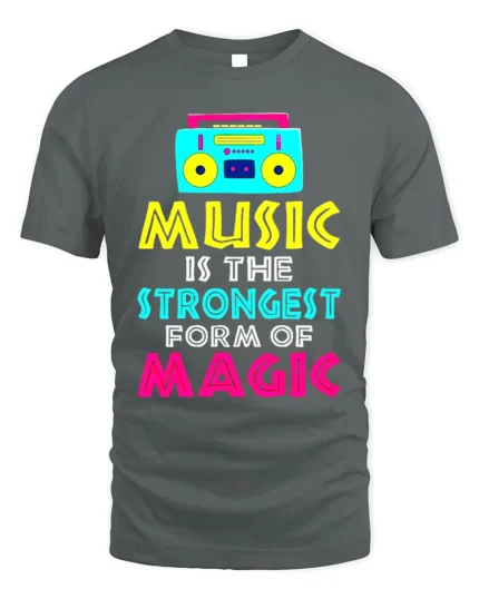 Music Is Magic T-Shirt Retro Boombox Graphic Tee - gray t-shirt on white background