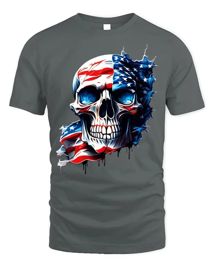 American Flag Skull T-Shirt for Men 4th of July Tee - gray t-shirt on white background