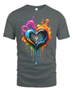 Colorful Heart Key T-Shirt Artistic Love Graphic - gray t-shirt on white background