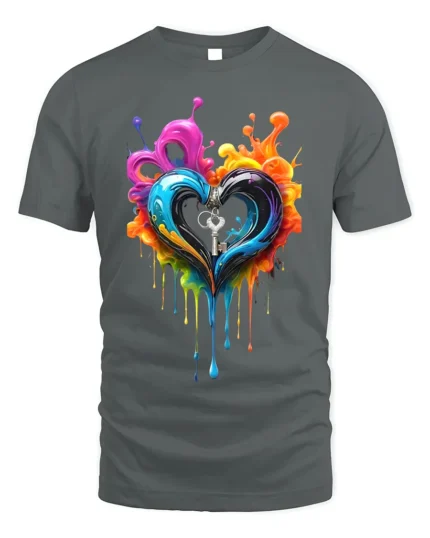Colorful Heart Key T-Shirt Artistic Love Graphic - gray t-shirt on white background