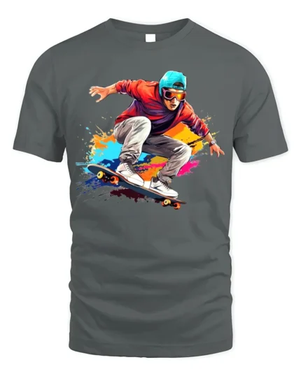Skater Action T-Shirt Color Splash Skateboarding Graphic - gray t-shirt on white background