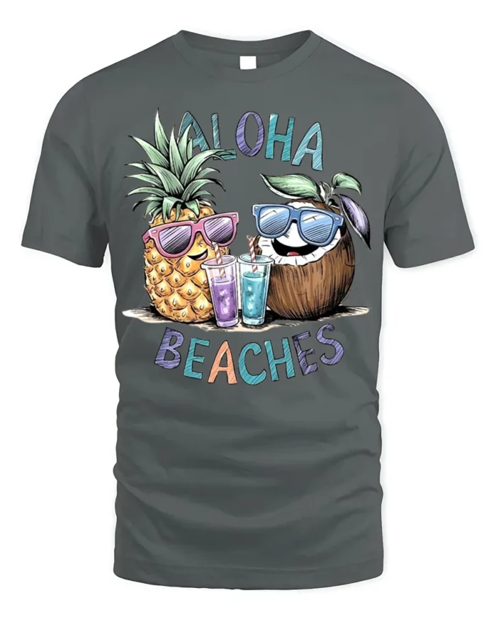 Aloha Beaches T-Shirt Funny Pineapple Coconut Beach - gray t-shirt on white background