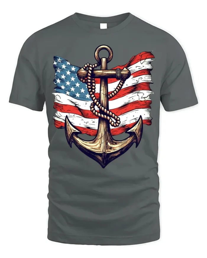 Vintage Anchor USA Flag T-Shirt 4th of July Navy Shirt - gray t-shirt on white background