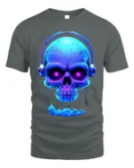 Neon Skull Headphones T-Shirt Cool DJ Glow in Dark - gray t-shirt on white background